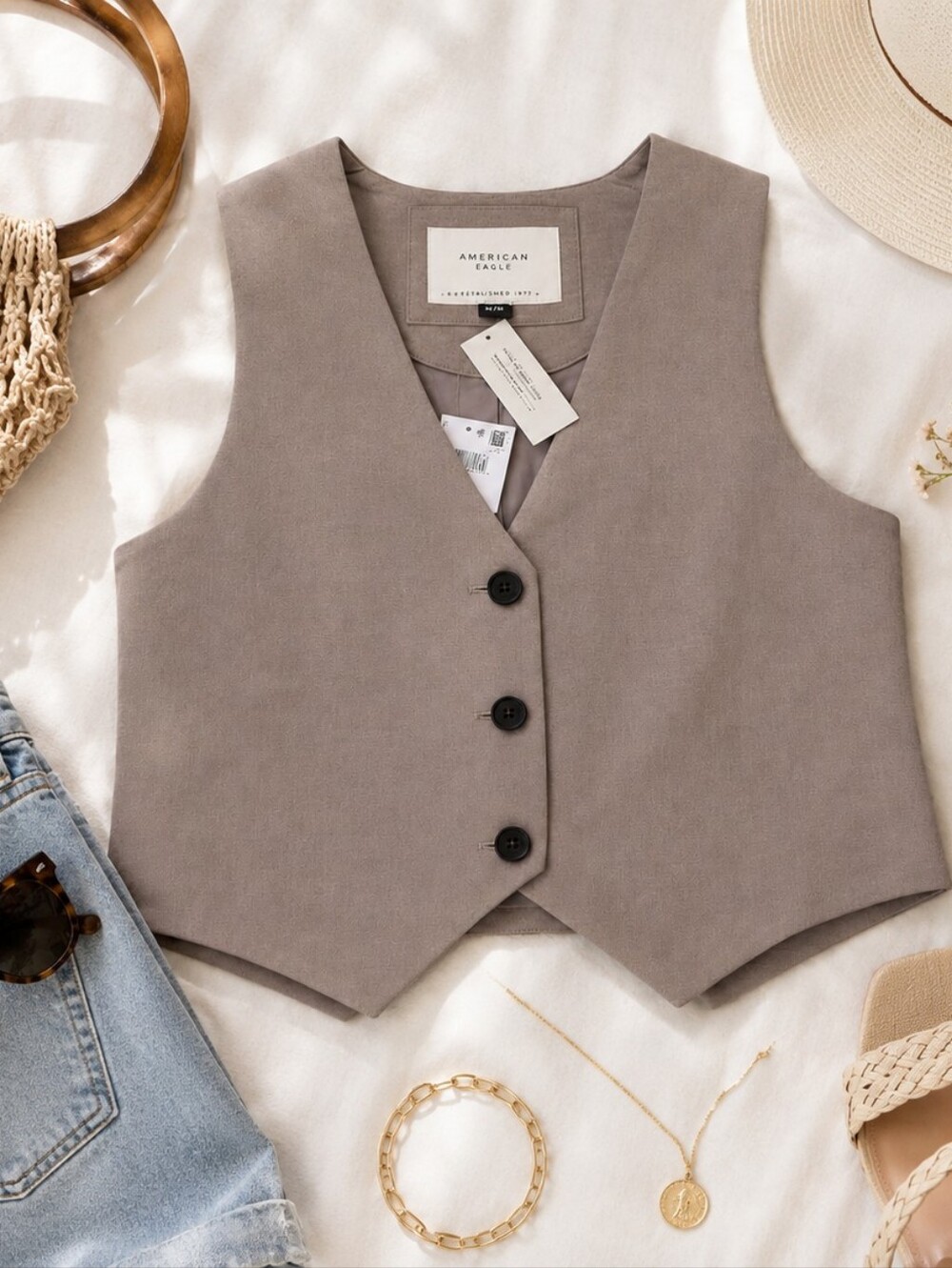 NWT American Eagle Medium Tailored Vest Taupe Linen Blend Old Money Coastal